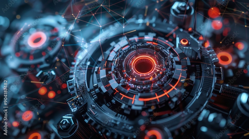 Poster complex network of gears and cogs with glowing particles in a dark, mechanical setting