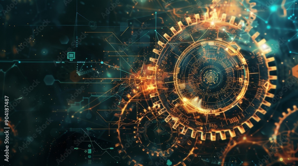 Poster complex network of gears and cogs with glowing particles in a dark, mechanical setting