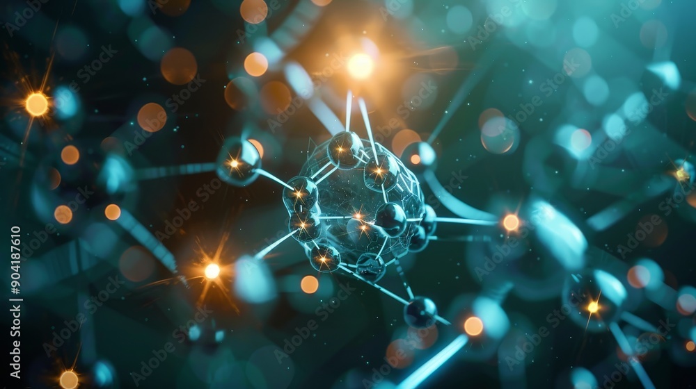 Poster abstract molecular structure with glowing connections and particles on a dark background.