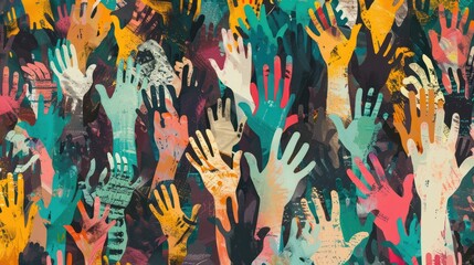 Diverse people hands abstract art seamless pattern. Multi-ethnic community raised hands, cultural diversity group crowd background illustration in modern collage painting style with arms up