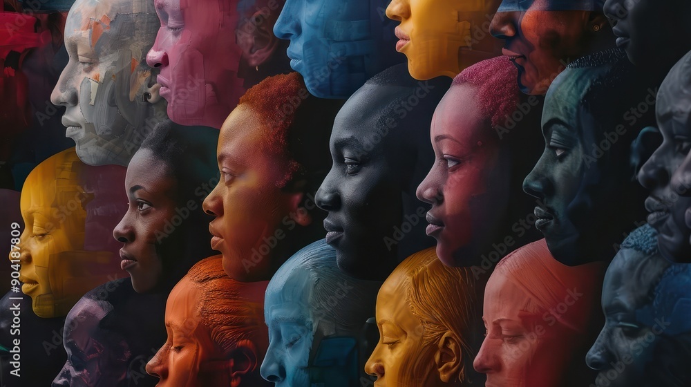 Poster diversity in unity: a multi-colored array of human profiles, representing cultural diversity and uni