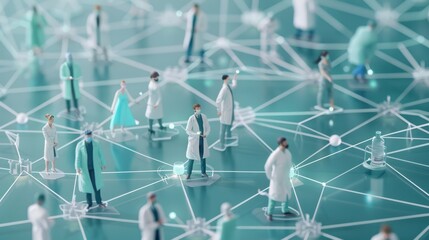 Doctors working together and medical teamwork and healthcare worker unity and global health partnership as a group of diverse medical workers connected together in 3D illustration style