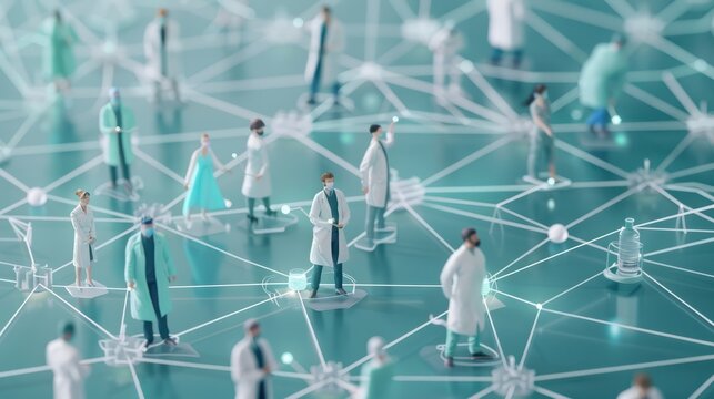 Doctors working together and medical teamwork and healthcare worker unity and global health partnership as a group of diverse medical workers connected together in 3D illustration style