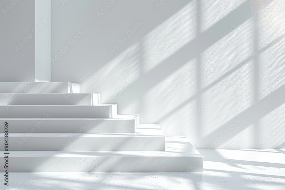 Canvas Prints A serene white staircase illuminated by soft natural light and shadows, perfect for modern design themes.