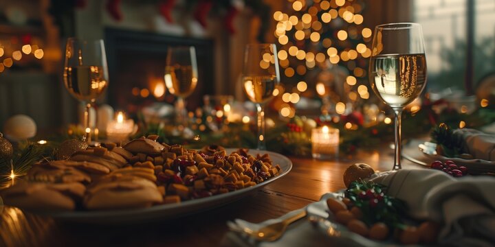 Una famiglia riunita attorno a una tavola natalizia, sorridente e felice. L'atmosfera &egrave; calda e festosa, con luci scintillanti e decorazioni natalizie che aggiungono magia alla scena.