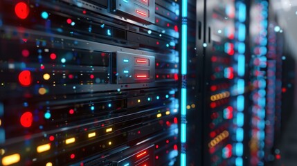 Naklejka premium Isolated server racks with abstract technology background. 3D illustration.