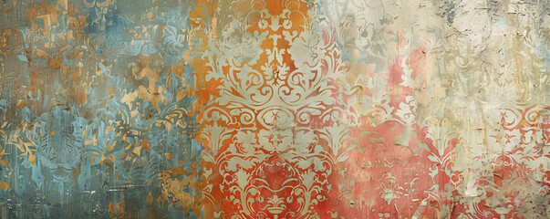 A textured stucco wall with a colorful vintage aesthetic, rich in patterns and faded hues, perfect for creating a classic look.