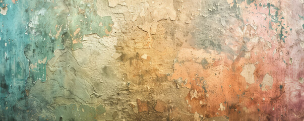 Textured stucco wall with a colorful vintage look, displaying faded hues and delicate patterns, perfect for a retro backdrop.