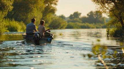 Father teaches son fishing on boat on river in summertime. Photo for blog about family travel