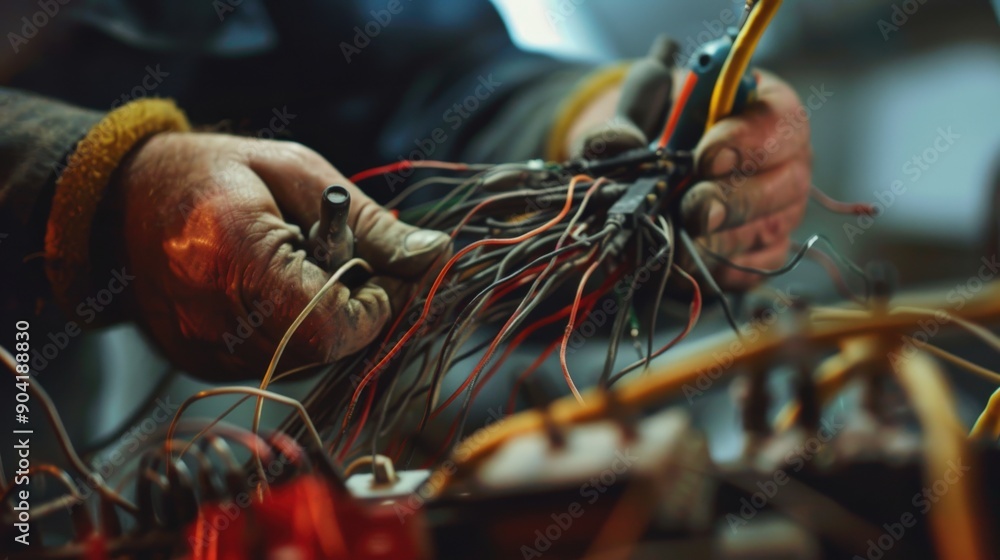 Poster an electrician skillfully connects various wires while working in a dimly lit workshop filled with t