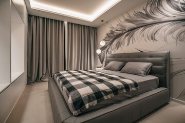 A bedroom with a bed and black curtains in the window, AI