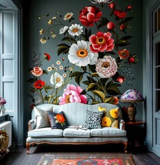 Modern vivid home interior design with colorful sofa and pillows, fresh green plants and artificial flowers on the wall