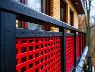 A red and black railing on a balcony of a house