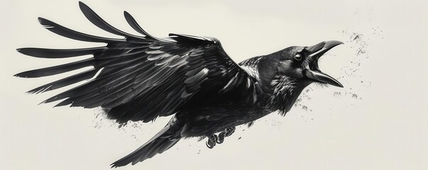 A black raven with wings spread, flying and calling out.