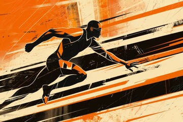 A retro-futuristic graphic design of a sprinter starting a race, with bold colors and geometric shapes, in the style of Bauhaus-inspired digital art