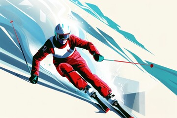A retro-futuristic graphic design of a skier racing downhill, with bold colors and geometric shapes, in the style of Bauhaus-inspired digital art