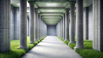 Corridor with columns illusion of natural stone and grass in an art gallery with gray tones background, Corridor