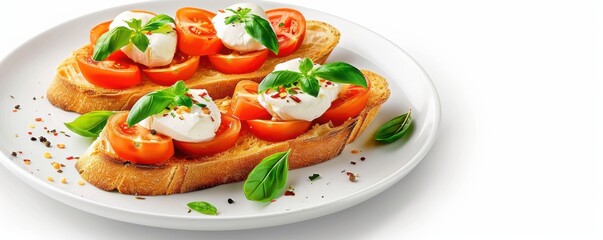 Delicious bruschetta topped with fresh tomatoes, basil, and creamy mozzarella, perfect for a flavorful appetizer.