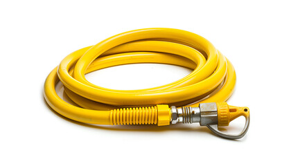 Coiled Yellow Garden Hose with Nozzle Isolated on white background