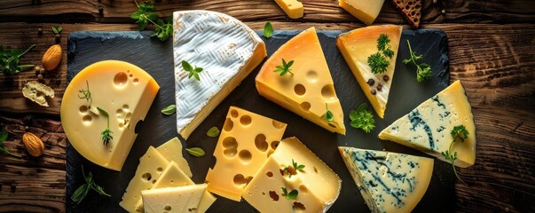 Assorted cheese varieties on a wooden board with herbs, perfect for culinary, food, and dairy themes in stock photos.