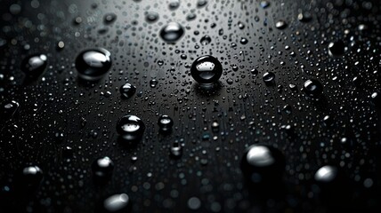 A black glass surface with water drops on it, the drops are large and reflect the surrounding space