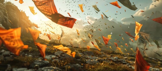 Many prayer flags billowing in the wind creating a serene scene with a peaceful ambiance around them perfect for a copy space image