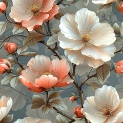 A pattern of soft pink and cream flowers in the style of oil paint on a grey background. Generative...