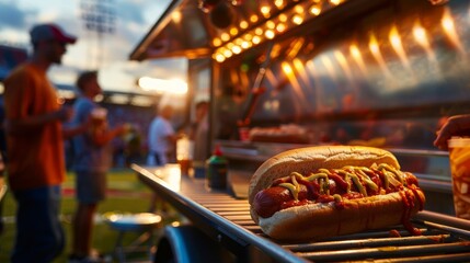 Fototapeta premium Close-up of a tasty hot dog with toppings at a evening sports event, perfect for food and lifestyle concepts.