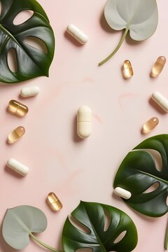Capsule with monstra leaves pink background