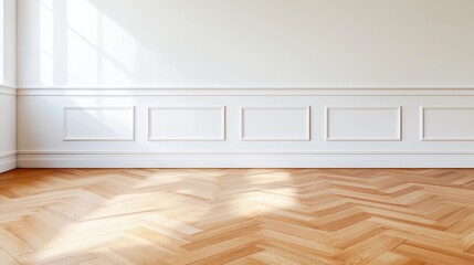 Bright and spacious living room with herringbone wooden floor and detailed wall panels.