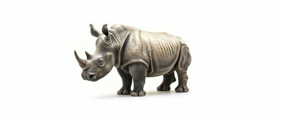Fototapeta premium A toy for children depicted as a rhinoceros in a small figurine against a white background with copy space image
