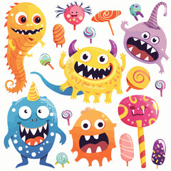 Funny monsters vector illustration, Collection of different happy Halloween colorful monster animal characters, Set of illustrations with funny monsters. Cartoon, Cute little colorful monsters vector 