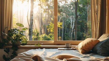 Fototapeta premium A serene bedroom with a reading nook by a window showing a sunlit forest outside