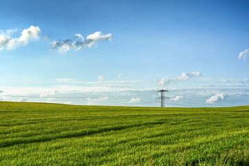 Landscape, blue sky and power line in field for electricity, sustainability and outdoor in nature....