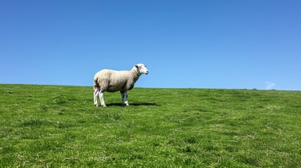 Obraz premium Sheep grazing peacefully on a lush green meadow under a clear blue sky, embodying rural tranquility.