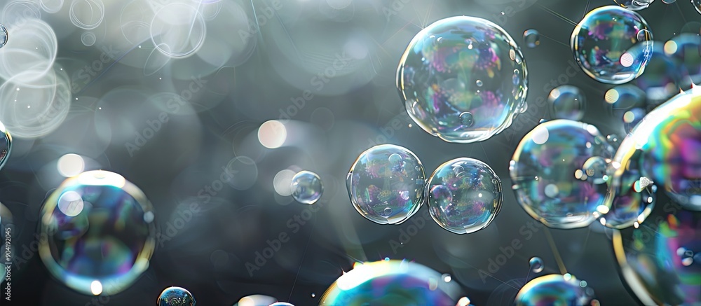 Poster grey background with transparent soap bubbles providing copy space image