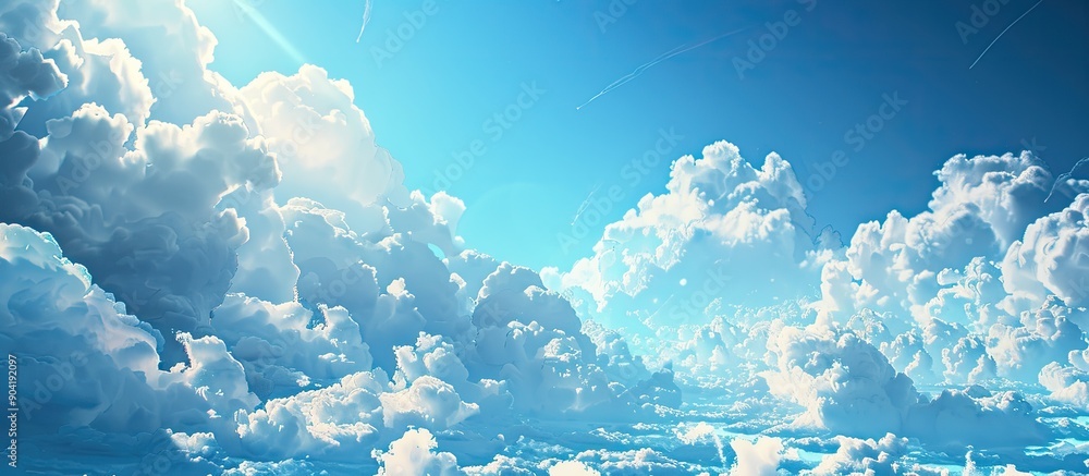 Poster scenic blue sky with fluffy white clouds creating a serene outdoor summer scene in a bright weather 