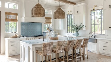 A coastal kitchen with white cabinets, light blue backsplash, marble countertops, wicker bar stools, nautical pendant lighting, and an open, breezy design, hd quality, natural look. 
