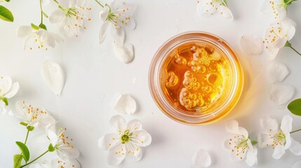 Jar with fresh organic honey and flowers at white background, top view. Banner