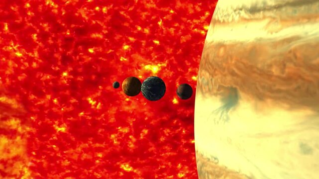 Animation showing all the planets of the solar system lined up next to the sun, starting with a close-up on Mercury, then pulling back to reveal the others in accurate proportions, next to a giant sun