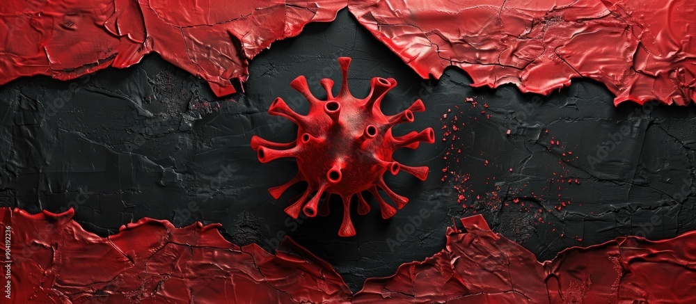 Poster conceptual virus alert symbol depicted on torn black paper with a red backdrop providing copy space 