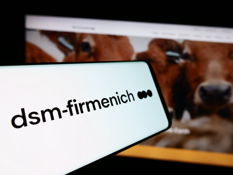 Stuttgart, Germany - 07-21-2024: Smartphone with logo of Swiss chemicals company DSM-Firmenich AG in front of business website. Focus on center-left of phone display.