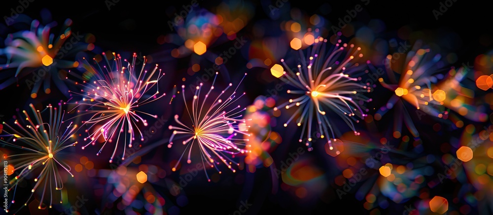 Poster vibrant multi colored fireworks illuminate the dark sky in a competition in montreal creating flower