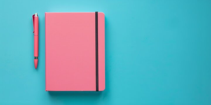 Isolated on a blue background with plenty content space, a blank pink notebook and pen, Generative AI.