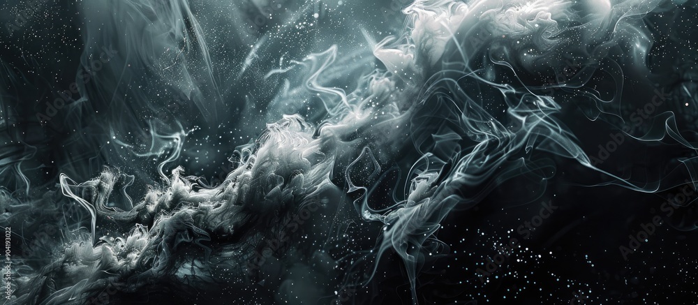 Poster sparse white smoke fragments against a dark backdrop create a striking contrast in this copy space i