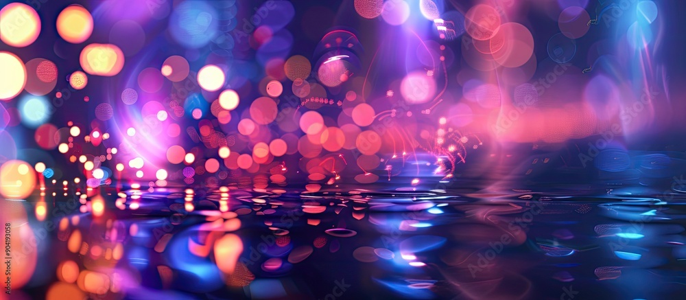 Poster soft ultraviolet hues with defocused neon lights reflecting on an abstract background creating a bea