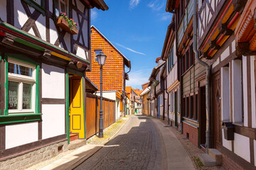 Medieval street with half-timbered houses in Wernigerode, Saxony-Anhalt, Germany