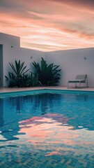Fototapeta premium A pool with a chair and sun lounger in the middle of it, AI