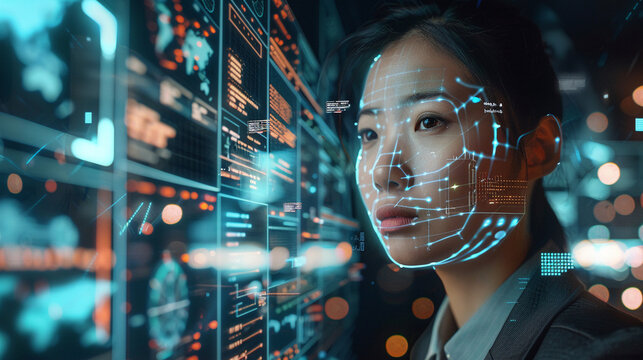 Diverse professionals with futuristic data overlays