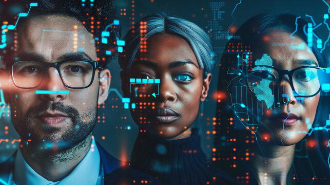 Diverse professionals with futuristic data overlays